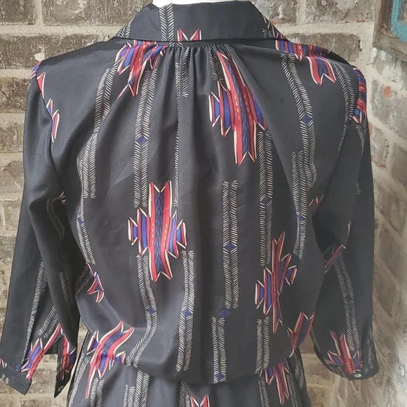 Aqua Tribal Print Waist Tie Long Sleeve Dress - Picture 4 of 5